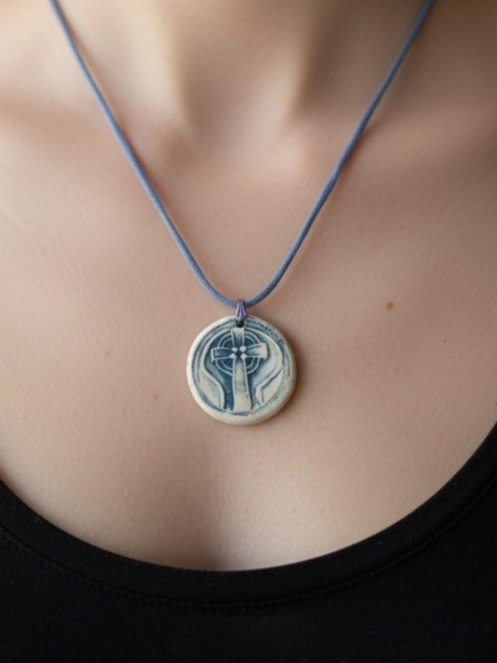 Vintage Handmade Ceramic Cross Pendant Necklace in Blue. Long silky cord.